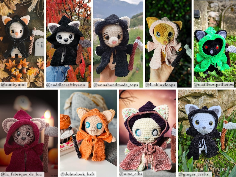 May include: A collection of ten crocheted cat plushies dressed in various Halloween costumes. The plushies are wearing costumes such as a witch, a ghost, a vampire, and a skeleton. The plushies are all made with different colours of yarn and have different facial expressions.