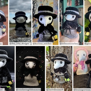 May include: A collection of 10 crocheted plague doctor dolls in various poses. The dolls are all wearing black hats and masks, and some are holding lanterns. The dolls are made with gray and black yarn.