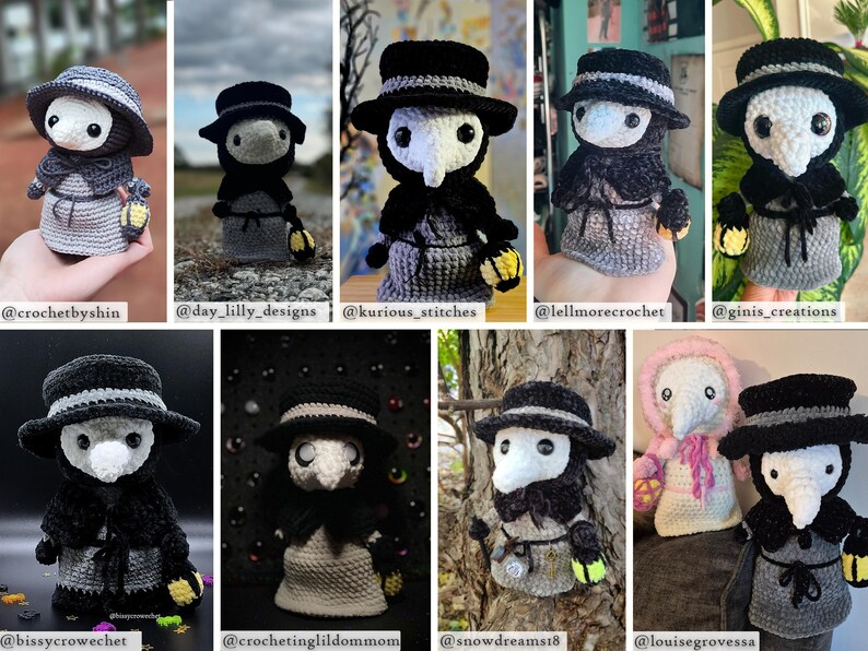 May include: A collection of 10 crocheted plague doctor dolls in various poses. The dolls are all wearing black hats and masks, and some are holding lanterns. The dolls are made with gray and black yarn.
