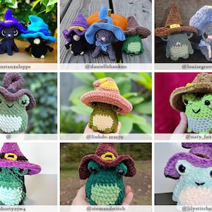 May include: A collection of handmade crochet creatures, including frogs and cats, each wearing a whimsical witch hat. The hats come in various colors like brown, purple, and blue. These soft toys are perfect for Halloween or fantasy-themed decor.