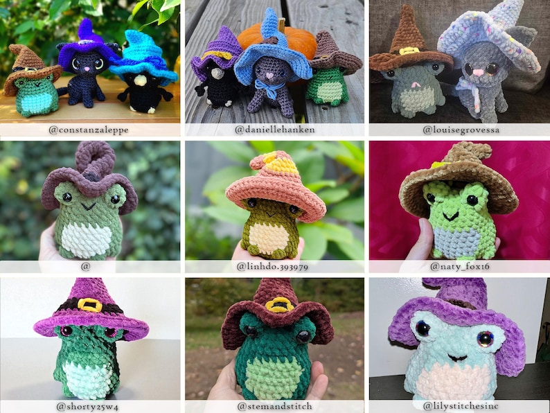 May include: A collection of handmade crochet creatures, including frogs and cats, each wearing a whimsical witch hat. The hats come in various colors like brown, purple, and blue. These soft toys are perfect for Halloween or fantasy-themed decor.