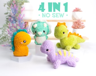 Dino Friends-bundel Amigurumi-haakpatronen zonder naaiwerk • Amerikaanse voorwaarden PDF