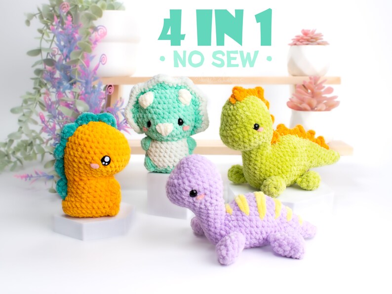 Dino Friends-bundel Amigurumi-haakpatronen zonder naaiwerk Amerikaanse voorwaarden PDF afbeelding 1