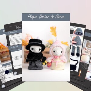 May include: A crochet pattern for making a plague doctor and nurse amigurumi doll. The pattern includes instructions for making the dolls' bodies, clothing, and accessories. The pattern is written in English and includes detailed instructions and diagrams.