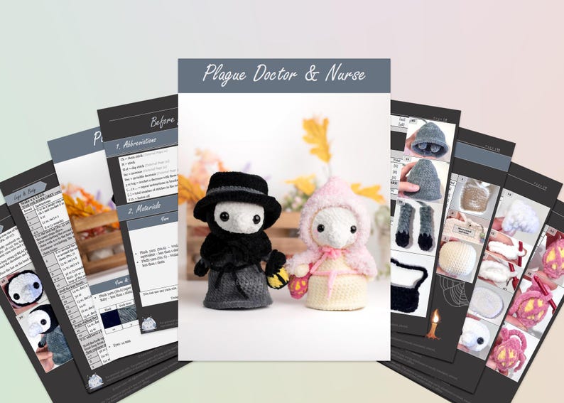 May include: A crochet pattern for making a plague doctor and nurse amigurumi doll. The pattern includes instructions for making the dolls' bodies, clothing, and accessories. The pattern is written in English and includes detailed instructions and diagrams.