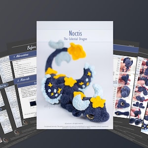 May include: A crochet pattern for "Noctis, The Celestial Dragon" is displayed, alongside step-by-step instructions. The dragon is dark blue with yellow star accents, light blue details, and yellow horns. The pattern includes abbreviations and materials.