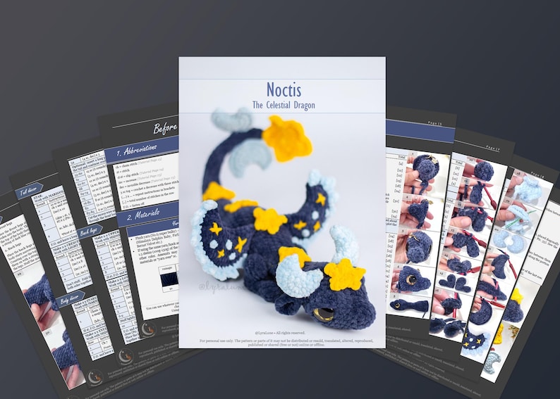 May include: A crochet pattern for "Noctis, The Celestial Dragon" is displayed, alongside step-by-step instructions. The dragon is dark blue with yellow star accents, light blue details, and yellow horns. The pattern includes abbreviations and materials.
