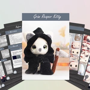 May include: A crochet pattern for a Grim Reaper Kitty amigurumi. The pattern includes instructions for making the kitty's body, head, and scythe. The pattern is written in English.