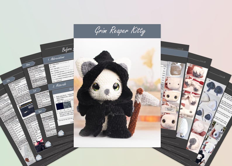May include: A crochet pattern for a Grim Reaper Kitty amigurumi. The pattern includes instructions for making the kitty's body, head, and scythe. The pattern is written in English.