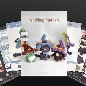 May include: A collection of crochet patterns for "Witchling Familiars" is displayed, featuring a frog, cat, and owl wearing witch hats. The patterns are accompanied by instructional pages with detailed diagrams and text. The image is set against a dark background.
