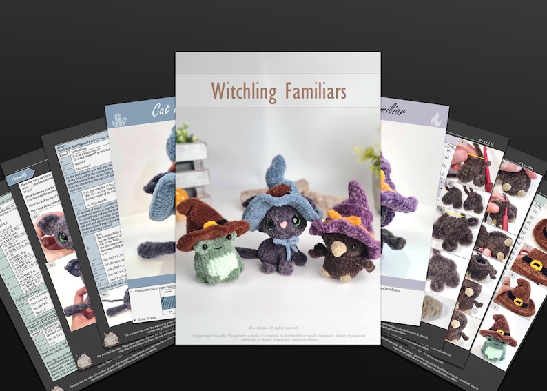 May include: A collection of crochet patterns for "Witchling Familiars" is displayed, featuring a frog, cat, and owl wearing witch hats. The patterns are accompanied by instructional pages with detailed diagrams and text. The image is set against a dark background.