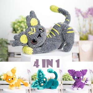 May include: Four crocheted cat amigurumi patterns, each in a different color: orange, teal, purple, and gray with yellow stripes. The text "4 IN 1" is displayed below the gray cat.