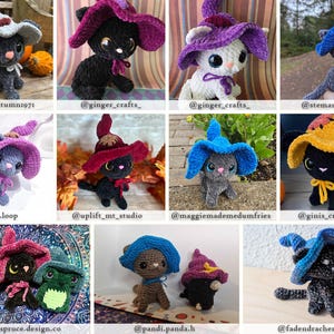 May include: A collection of crocheted cat figurines, each wearing a witch's hat. The cats are various colors, including black, gray, and white, with hats in shades of purple, blue, and yellow. Some have bows.
