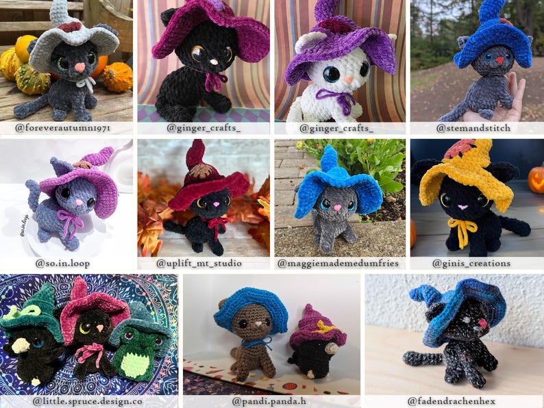 May include: A collection of crocheted cat figurines, each wearing a witch's hat. The cats are various colors, including black, gray, and white, with hats in shades of purple, blue, and yellow. Some have bows.