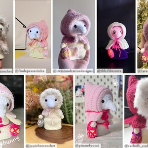 May include: A collection of 10 crocheted amigurumi dolls dressed in pink and white hooded cloaks. Each doll is holding a small lantern. The dolls are all different sizes and have different facial expressions.