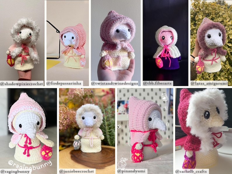 May include: A collection of 10 crocheted amigurumi dolls dressed in pink and white hooded cloaks. Each doll is holding a small lantern. The dolls are all different sizes and have different facial expressions.