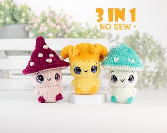 Trio de champignons au crochet Amigurumi sans couture • Termes américains PDF