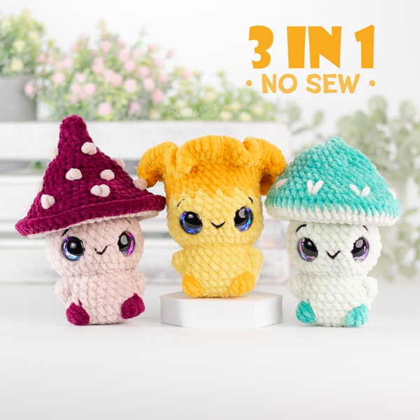 Mushroom Trio Amigurumi-haakpatroon zonder naaiwerk • Amerikaanse voorwaarden PDF