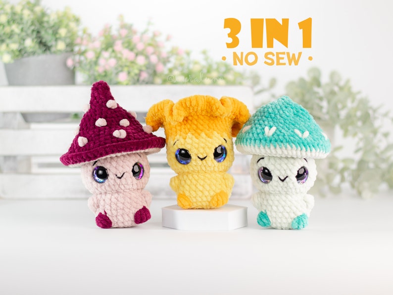 Mushroom Trio No-sew Amigurumi Crochet Pattern US terms PDF zdjęcie 1