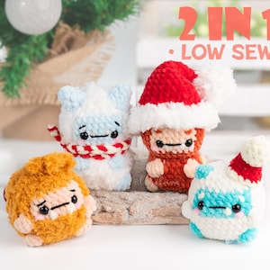 May include: Four crocheted stuffed animals, including a snowman, a penguin, and two monkeys, with one wearing a Santa hat. The stuffed animals are sitting on a wooden surface. The text "2 IN 1 - LOW SEW" is visible in the background.
