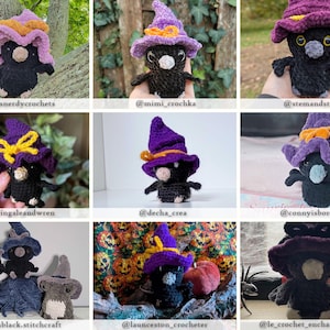 May include: A collection of handmade crochet crow dolls, each wearing a witch hat. The crows are black with various hat colors, including purple, orange, and blue. The dolls have small beaks and are posed in different settings.