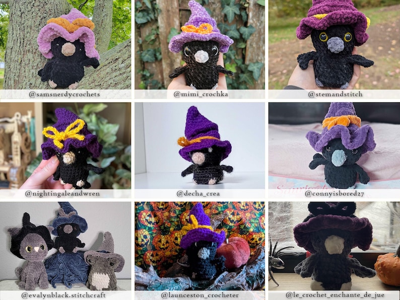 May include: A collection of handmade crochet crow dolls, each wearing a witch hat. The crows are black with various hat colors, including purple, orange, and blue. The dolls have small beaks and are posed in different settings.