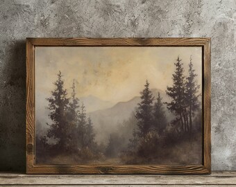 Vintage Pine Forest Landscape Painting: Moody Printable Art (Digital Download)