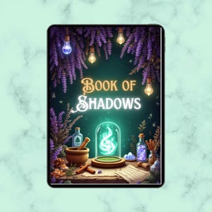 Pode incluir: Ilustração digital em um tablet, retratando uma cena mística com o texto "Book of Shadows". A imagem inclui um almofariz e pilão, garrafas, cristais e um orbe verde brilhante. O fundo apresenta glicínias roxas e luzes penduradas.