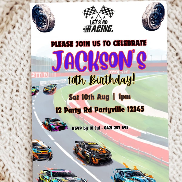 Racing Birthday Invitation Template, Digital Template, Boy Racer Invitation, Car Party, Racing Track, Racing Party, Car Racing Party