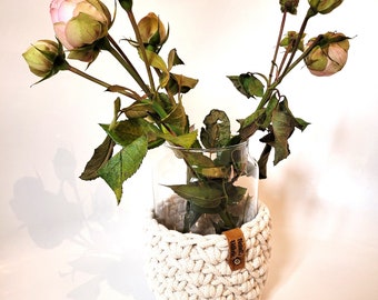 Vase Windlicht gehäkelt Baumwolle Geschenk Blumen Kerze