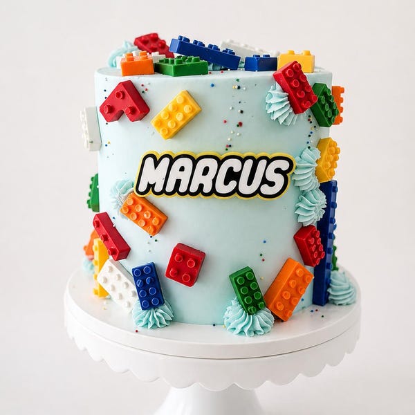 Lego-Inspired Name Cake Charm – Custom Acrylic Name | Modern Kids Birthday | Colorful Blocks Theme