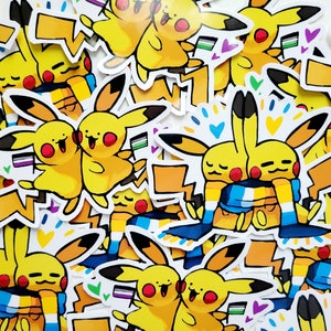 May include: A collection of yellow Pikachu stickers with various designs. Some stickers feature Pikachu embracing, wearing scarves, or holding pride flags. The stickers have a cartoon style with black outlines and red cheeks.