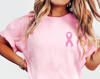 Pink Glitter Ribbon Comfort Color Shirt, Breast Cancer Sweater, Pink Ribbon Shirt, Cancer Survivor Shirt, Breast Cancer Awareness,Women Gift