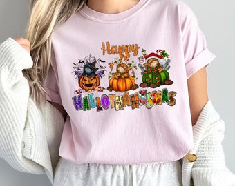 Comfort Colors Halloween Thanksgiving Christmas Cat Shirt, Happy HalloThanksMas Shirts, Happy Hallothanksmas Shirts, Funny Halloween Shirt