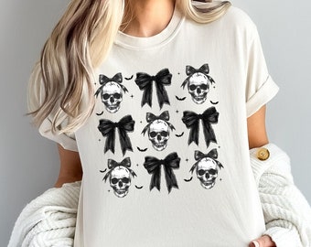 Comfort Colors Halloween Skull Shirt ,Coquette Bow Halloween Shirt,Spooky Season Shirt, Skeleton Shirt,Halloween Shirt,Halloween Party Shirt