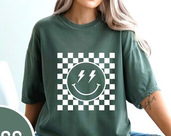 Comfort Colors Checkered Pattern Smile Face Shirt, Retro Smiley Face Shirt, Smile Face Shirt, Happy Face Shirt, Retro Smiley Face Shirt