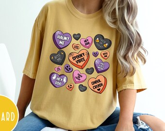 Comfort Colors Candy Hearts Halloween Shirt,Spooky Vibes Shirt, Retro Trick or Treat Shirt,Spooky Candies Shirt,Spooky Shirt,Halloween Shirt