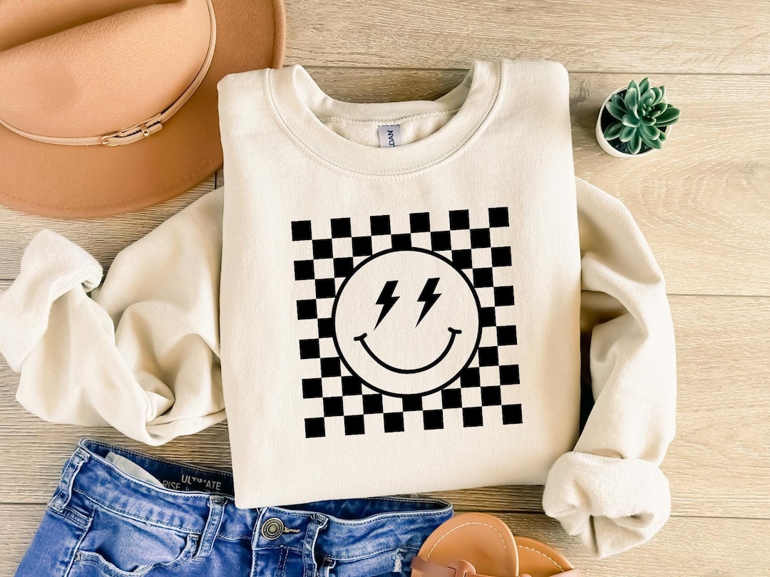 Checkered Pattern Smile Face Sweatshirt,retro Smiley Face