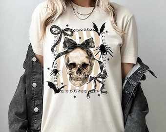 Halloween Coquette Bow Skull Preppy Shirt, Halloween Spooky Sweatshirt, Halloween Fall Shirt,Halloween Skeleton Shirt, Retro Halloween Shirt
