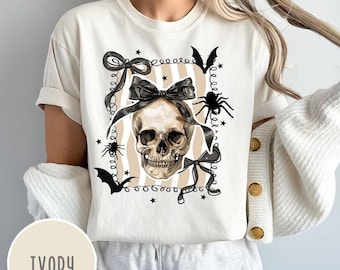 Comfort Colors Halloween Coquette Bow Skull Preppy Shirt, Halloween Fall Shirt,Skeleton Shirt, Retro Halloween Shirt, Halloween Spooky Shirt