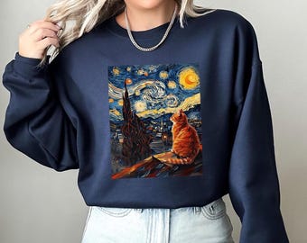 Van Gogh Inspired Starry Night Cat Sweatshirt,Van Gogh Cat Shirt,Whimsical Van Gogh Cat Tee,Gift For Cat Lover,Cat Lover Gift, Cat Mom Shirt