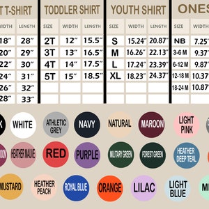 Puede incluir: Una tabla de tallas de camisetas y bodies, con medidas en pulgadas. La tabla incluye tallas para adultos, ni&ntilde;os peque&ntilde;os, j&oacute;venes y bodies. Se muestra una gama de colores, incluyendo negro, blanco, rojo y morado.