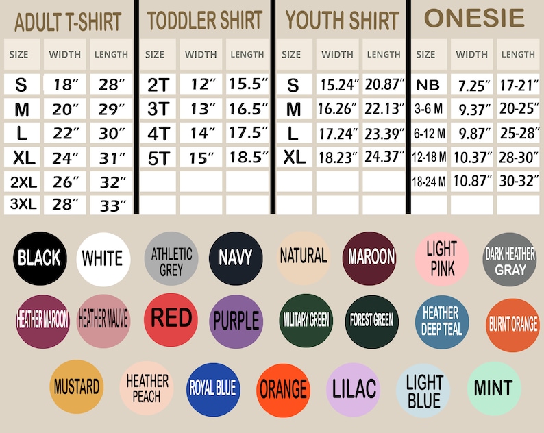 Puede incluir: Una tabla de tallas de camisetas y bodies, con medidas en pulgadas. La tabla incluye tallas para adultos, ni&ntilde;os peque&ntilde;os, j&oacute;venes y bodies. Se muestra una gama de colores, incluyendo negro, blanco, rojo y morado.