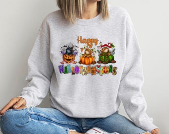 Halloween Thanksgiving Christmas Cat Sweatshirt, Happy HalloThanksMas Shirts, Happy Hallothanksmas Shirts, Funny Halloween Shirt, Fall Tee