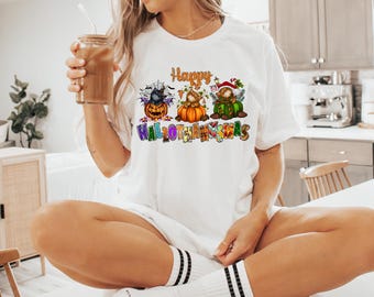 Halloween Thanksgiving Christmas Cat Shirt, Happy HalloThanksMas Shirts, Happy Hallothanksmas Shirts, Funny Halloween Shirt, Fall Shirt