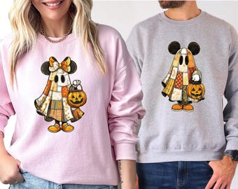 Retro Mickey Minnie Halloween Couple Sweatshirts, Mickey Minnie Ghost Shirt, Spooky Season Shirt, Disney Halloween Tee, Halloween Family Tee