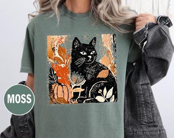 Comfort Colors Fall Black Cat Halloween Boho Shirt, Black Cat Mom T-Shirt, Autumn Vibes Shirt, Boho Floral Fall Shirt, Halloween Cat Shirt