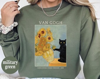 Van Gogh Cat Sweatshirt, Van Gogh Irises Cat Shirt, Black Cat Sunflowers Shirt, Funny Cat Shirt, Van Gogh Irises Shirt, Funny Cat Shirt