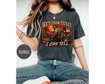 Comfort Colors® He's From Texas I Can Tell Shirt, Chainsaw Horror Shirt, Halloween Slasher Tee, Spooky Shirt, Texas Horror Graphic Shirt