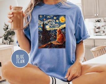 Comfort Colors Van Gogh Inspired Starry Night Cat Shirt,Van Gogh Cat T-Shirt, Whimsical Van Gogh Cat Shirt,Gift For Cat Lover, Cat Mom Shirt